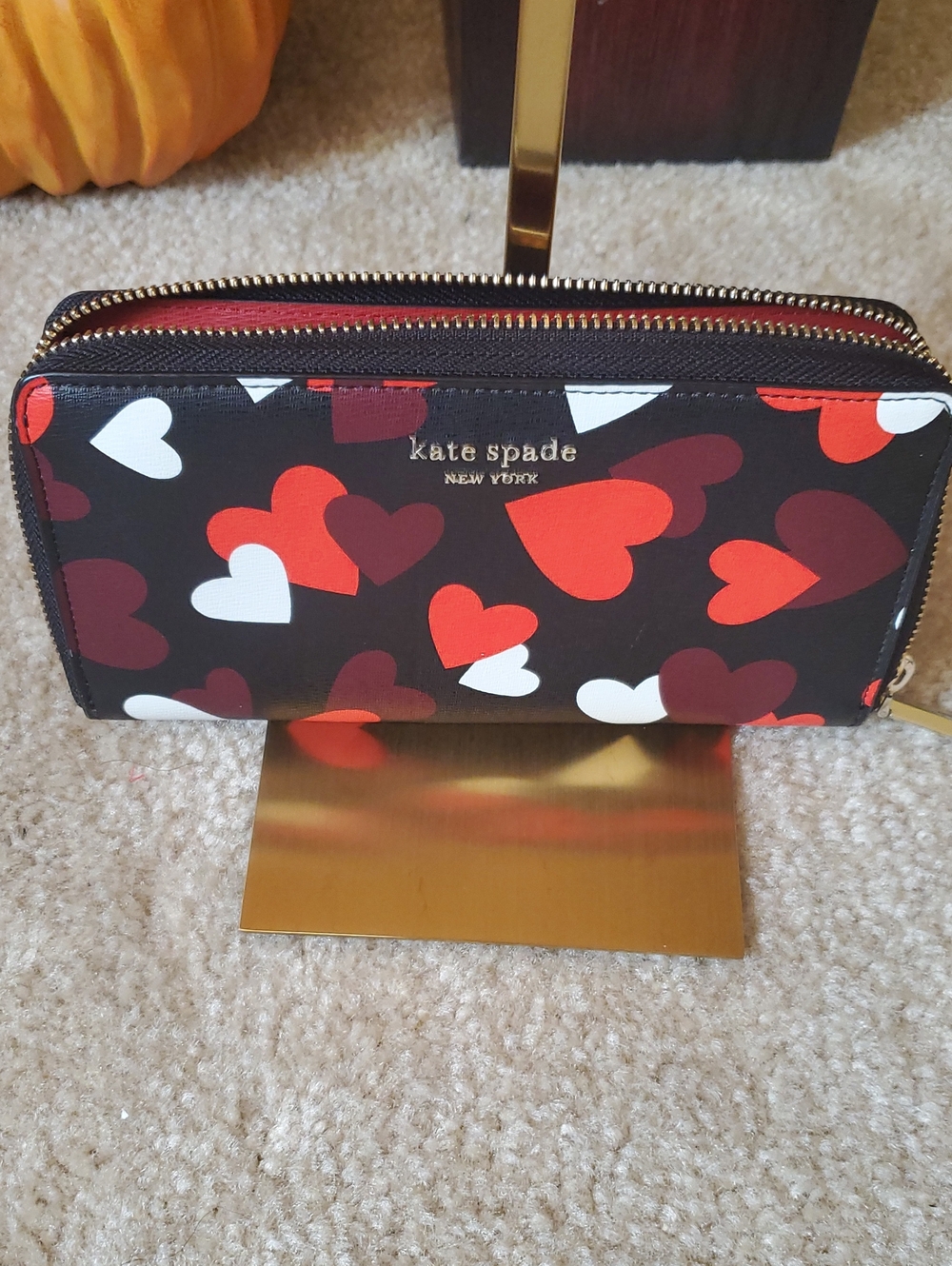 kate spade Black Heart-Print Zip Wallet with Red, Burgundy & White Hearts